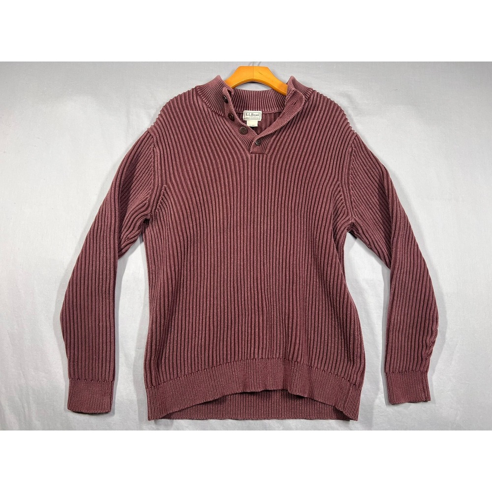 LL Bean Vintage Mens XL Burgundy Cotton Ribbed Knit Henley Sweater Preppy